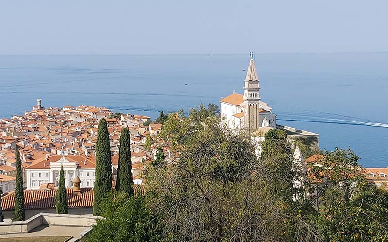 Blick von der Stadtmauer auf die Georgskirche und die Stadt