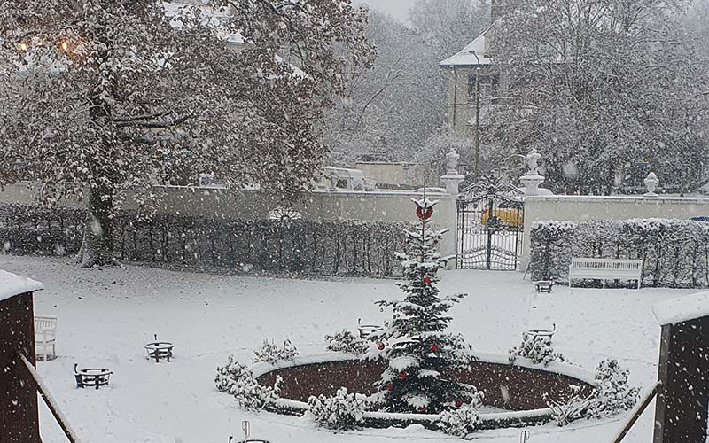 Ein Ausblick in den verschneiten Garten