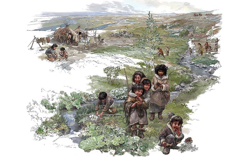 In der neuen Ausstellung im NHM wird nun die Geschichte der Eiszeit aus der Sicht der Kinder erzählt (Illustration © bunterhund Illustration, Zürich)