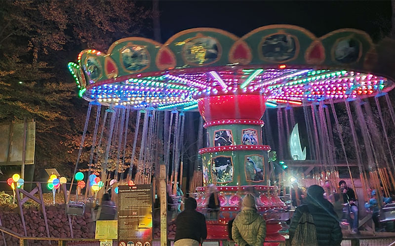 Auch die Fahrgeschäfte sind bunt beleuchtet