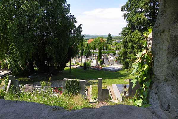 Blick vom Jüdischen in den Christlichen Friedhof in Mikulov 