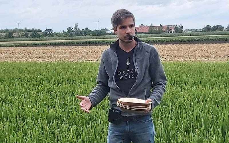 Gregor Neumeyer vor seinem Reisfeld