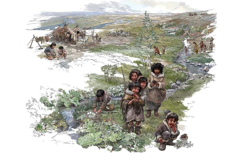 In der neuen Ausstellung im NHM wird nun die Geschichte der Eiszeit aus der Sicht der Kinder erzählt (Illustration © bunterhund Illustration, Zürich)